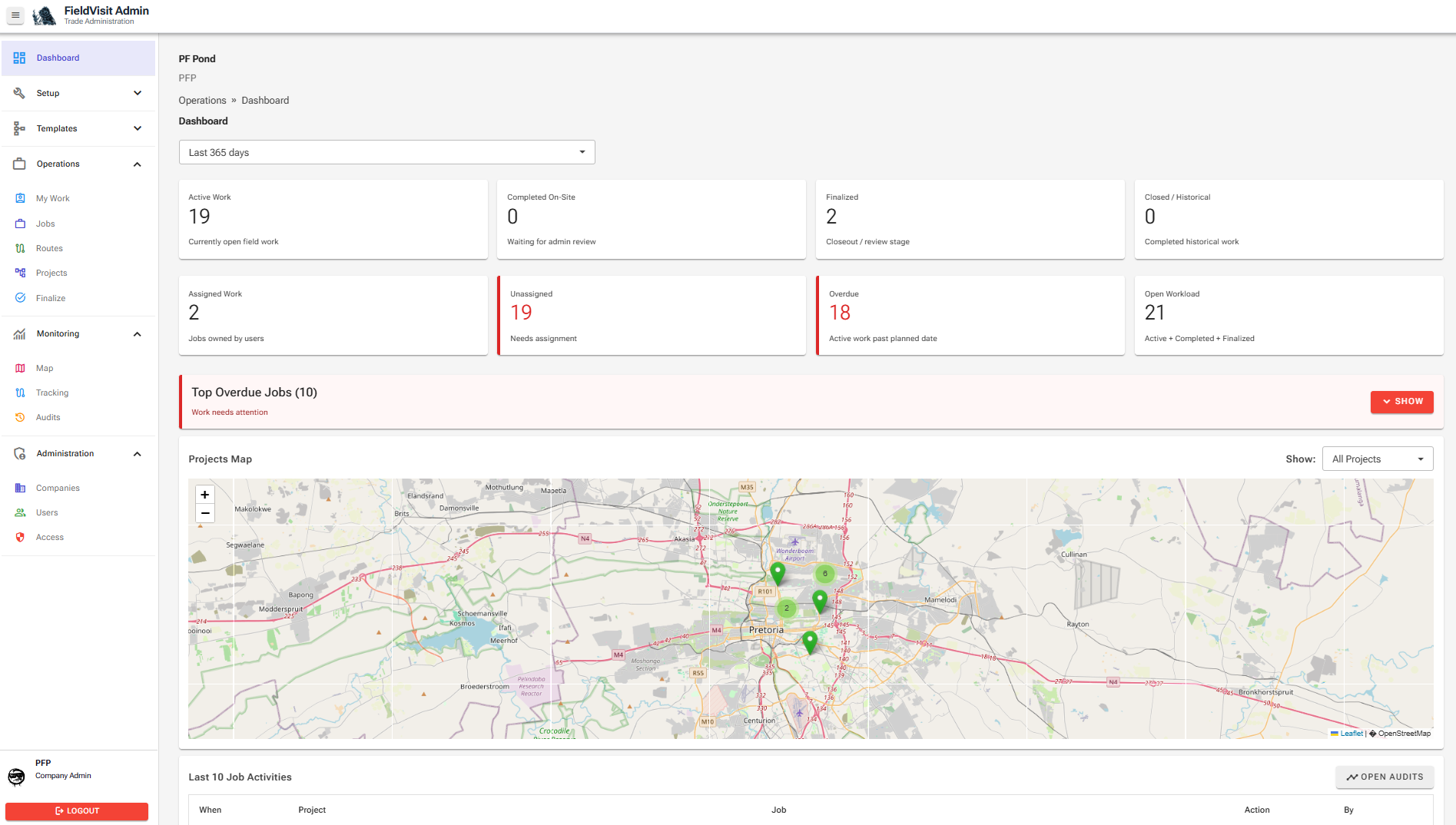 Dashboard view of the platform showing projects map, jobs, users, devices, and recent activity.