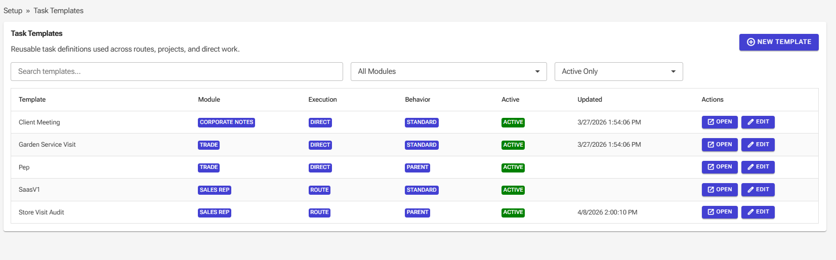 Task templates page showing reusable templates across modules and execution types.